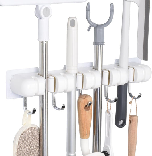 OTraki Broom Holder Wall Mount - No Drill Mop Organizer with 4 Slots & 5 Hooks for Efficient Storage