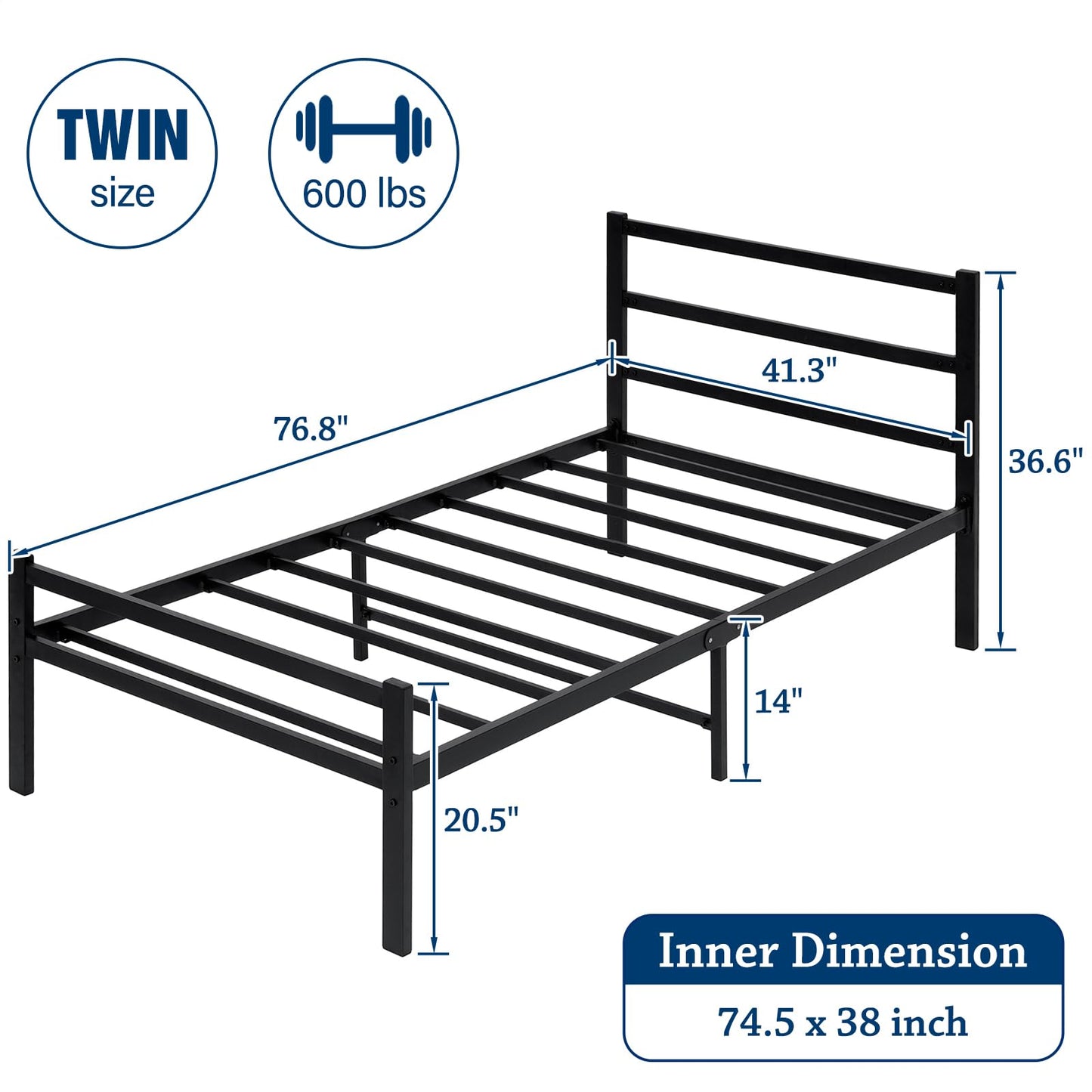 LUSIMO Twin Metal Platform Bed Frame with Headboard 14 Inch Bed Frame No Box Spring Needed Heavy Duty Mattress Foundation Easy Assembly Black