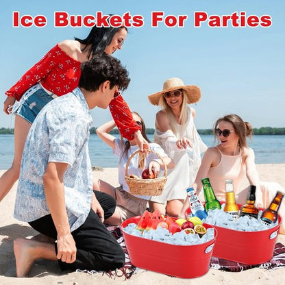 4Pcs 3 Gallon Red Galvanized Bucket Ice Bucket Large Metal Drink Buckets for Parties Beer Beverage Tub with Scoops for Champagne Cocktails Wine Cooling for Mimosa Bar Supplies