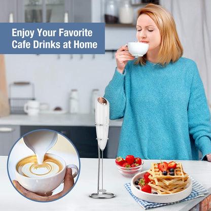 SimpleTaste Milk Frother - Handheld Electric Foam Maker with Stainless Steel Whisk | White, Battery Operated