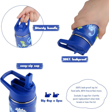 Skiennix 16 oz Stainless Steel Kids Water Bottle - Leak Proof Thermal Flask with Straw Lid | Cute Blue Dino Design for School