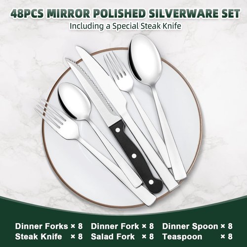 CEKEE 48-Piece Stainless Steel Silverware Set - Mirror Polished Flatware for 8 with Steak Knives, Dishwasher Safe