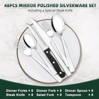 CEKEE 48-Piece Stainless Steel Silverware Set - Mirror Polished Flatware for 8 with Steak Knives, Dishwasher Safe