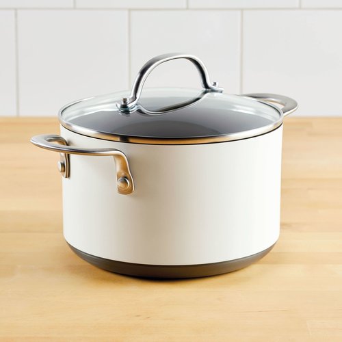 Anolon Achieve Hard Anodized Nonstick Saucepot with Lid, 4 Quart, Cream