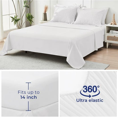 HYMOKEGE White King Size Comforter Set Seersucker 7 Pieces, All Season Luxury Bed in a Bag for Bedroom, Bedding Set with Comforters, Sheets, Pillowcases & Shams