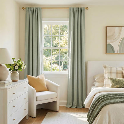 Skiennix 100% Blackout Linen Curtains - Thermal Insulated Drapes, 50" W x 96" L, Sage Green - 2 Panels Set