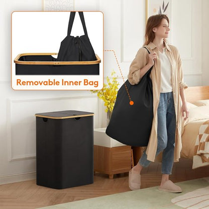 Lifewit 150L Laundry Basket - Foldable Hamper with Lid & Bamboo Handles | Black, 2 Removable Bags