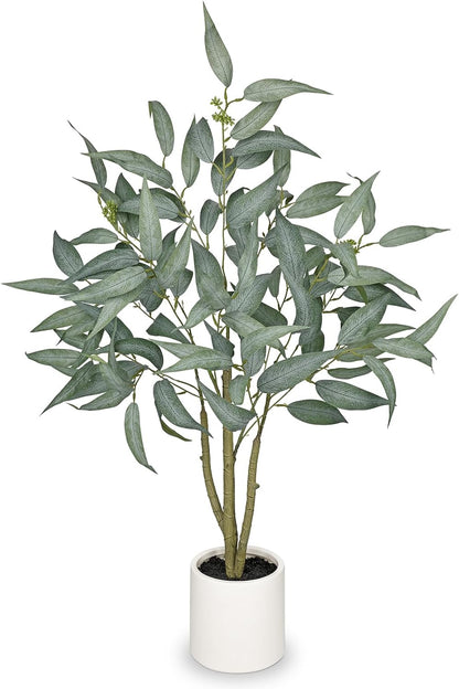Skiennix Artificial Eucalyptus Tree - 3FT Faux Indoor Plant in White Pot for Modern Home Décor