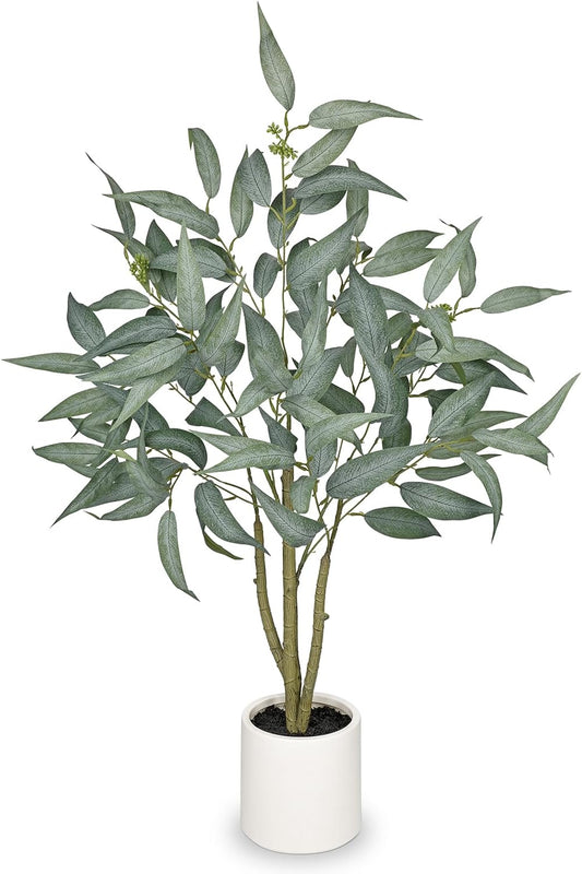 Skiennix Artificial Eucalyptus Tree - 3FT Faux Indoor Plant in White Pot for Modern Home Décor