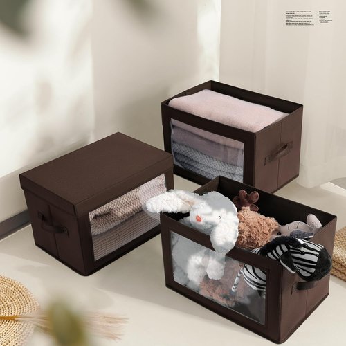 Homsorout Foldable Storage Boxes - Clear Window Clothes Organizers, Fabric Bins, Brown | 3 Pack