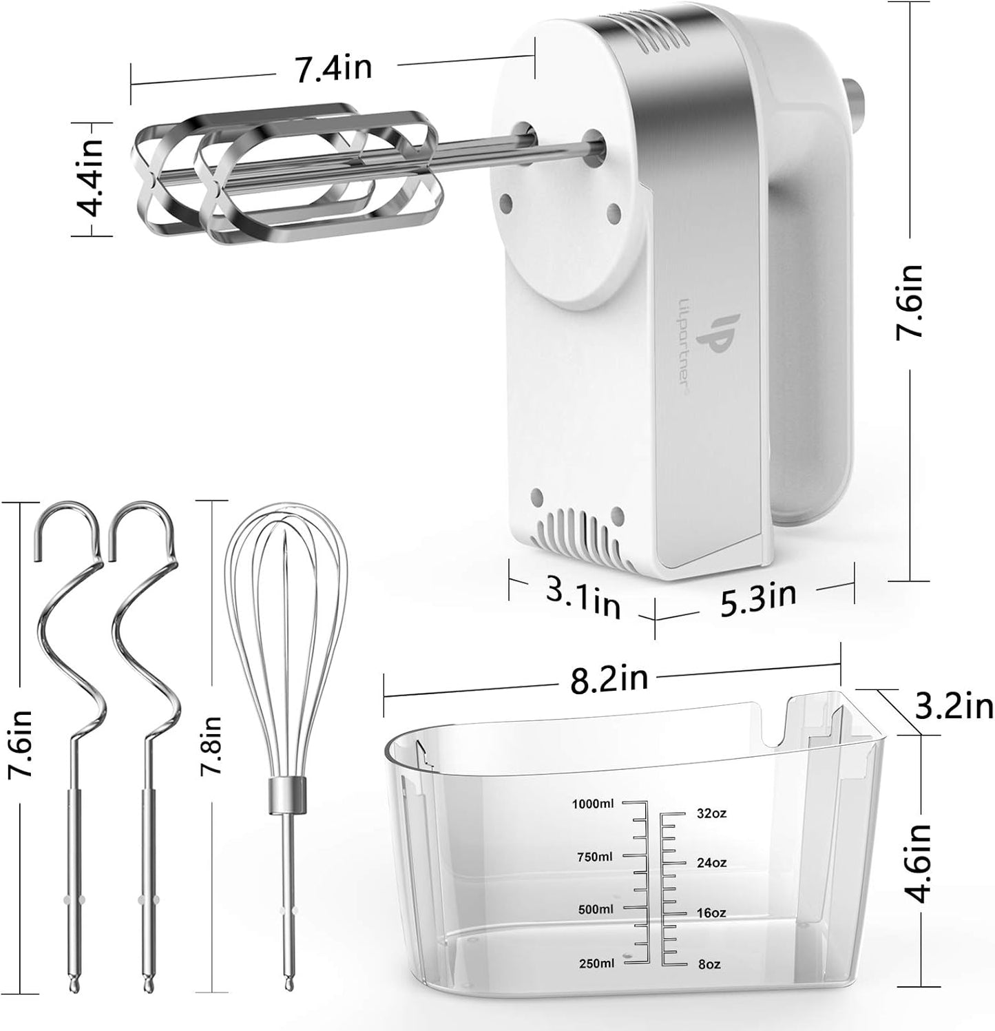 Skiennix Electric Hand Mixer - 450W Kitchen Mixer with Turbo Boost, 5 Speeds & Stainless Steel Accessories - White
