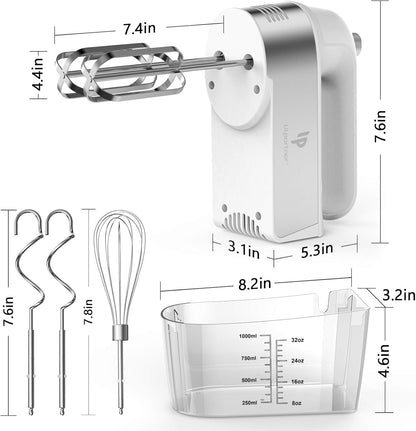 Skiennix Electric Hand Mixer - 450W Kitchen Mixer with Turbo Boost, 5 Speeds & Stainless Steel Accessories - White