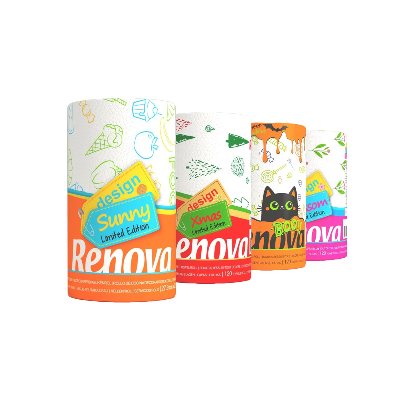 Renova Kitchen Paper Towels, Blossom Design, XXL Roll, 120 Sheets, White