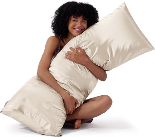 Bedsure Body Pillow Cover - 20x54 Inches Beige Satin Pillowcase for Hair & Skin Care | Cooling & Silky Design