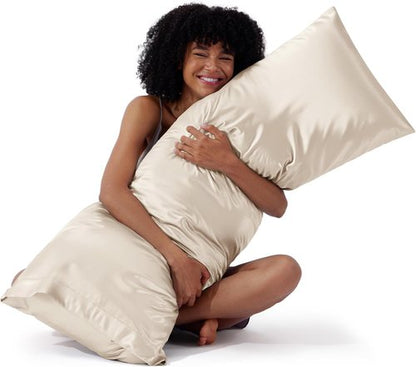 Bedsure Body Pillow Cover - 20x54 Inches Beige Satin Pillowcase for Hair & Skin Care | Cooling & Silky Design