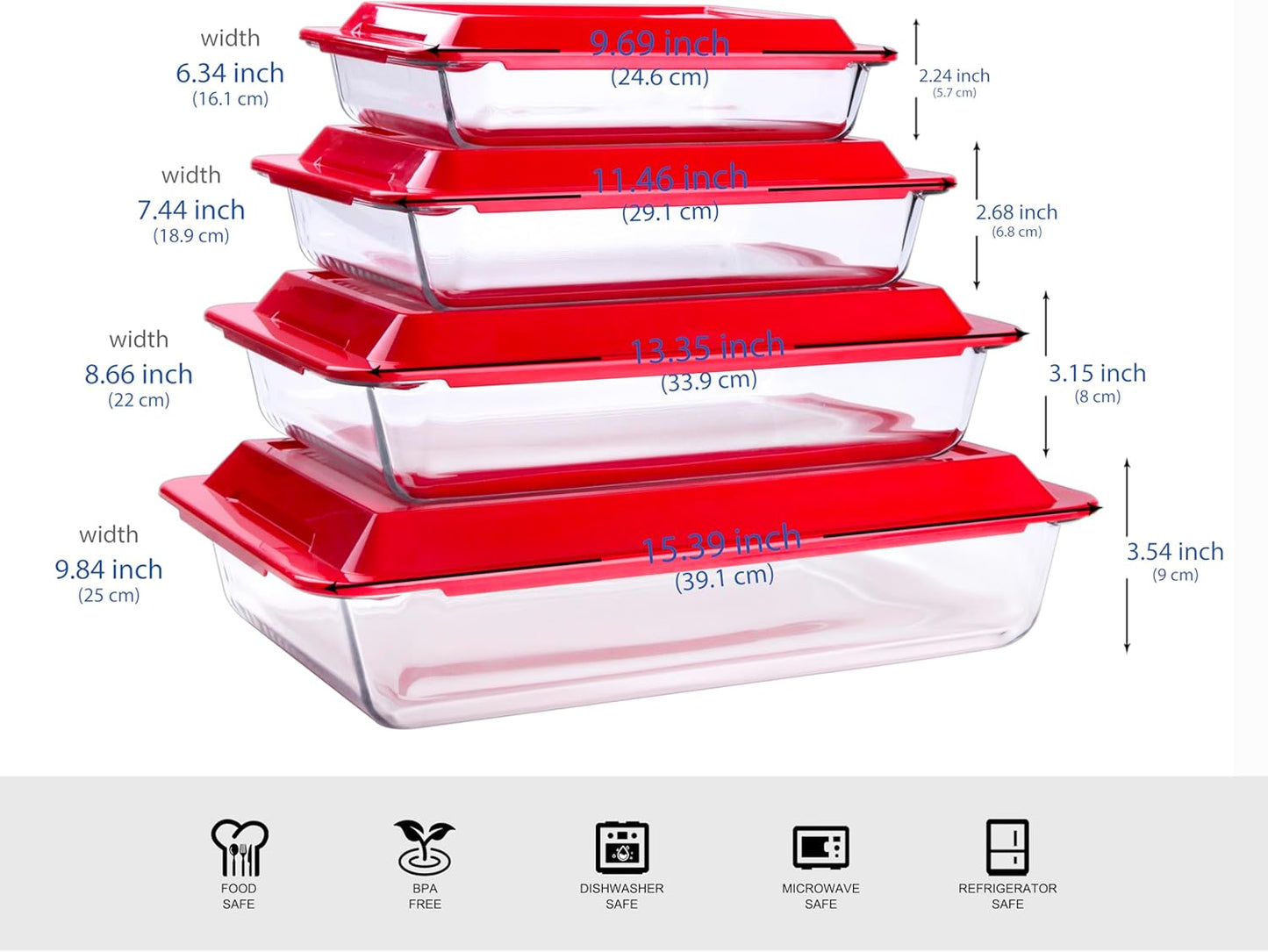 Set of 8 Tempered Glass Baking Pans by [Brand Name] - BPA-Free Lids, Oven & Microwave Safe | 1L, 1.7L, 2.8L, 4.2L