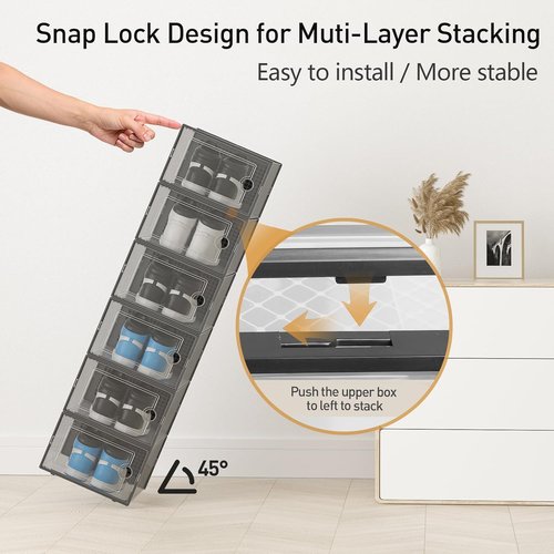 Kuject Activated Charcoal Shoe Organizer - 12 Pack XL Clear Stackable Storage Boxes | Dustproof Sneaker Display Containers for Closet & Entryway