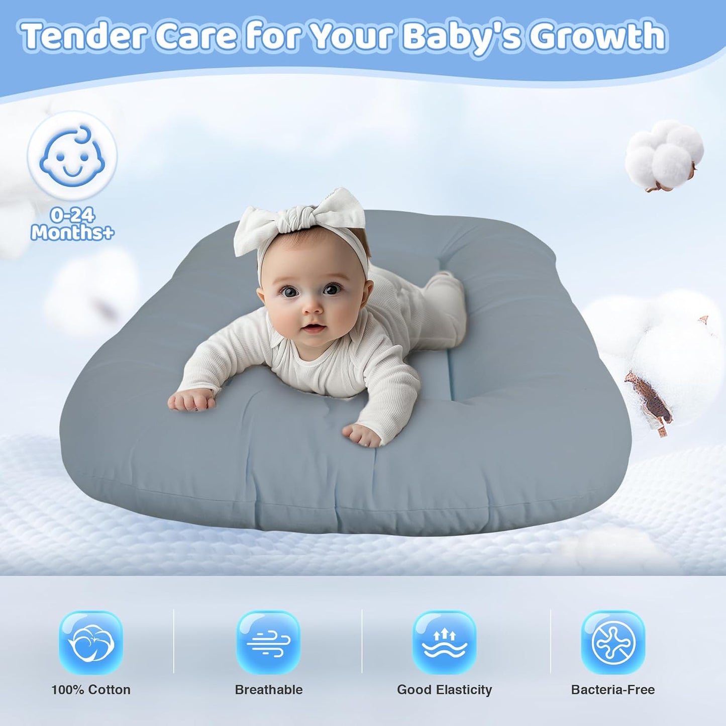 Skiennix Infant Support Cushion - Portable Tummy Time Mat for Newborns 0-24 Months, Soft Cotton, Purple