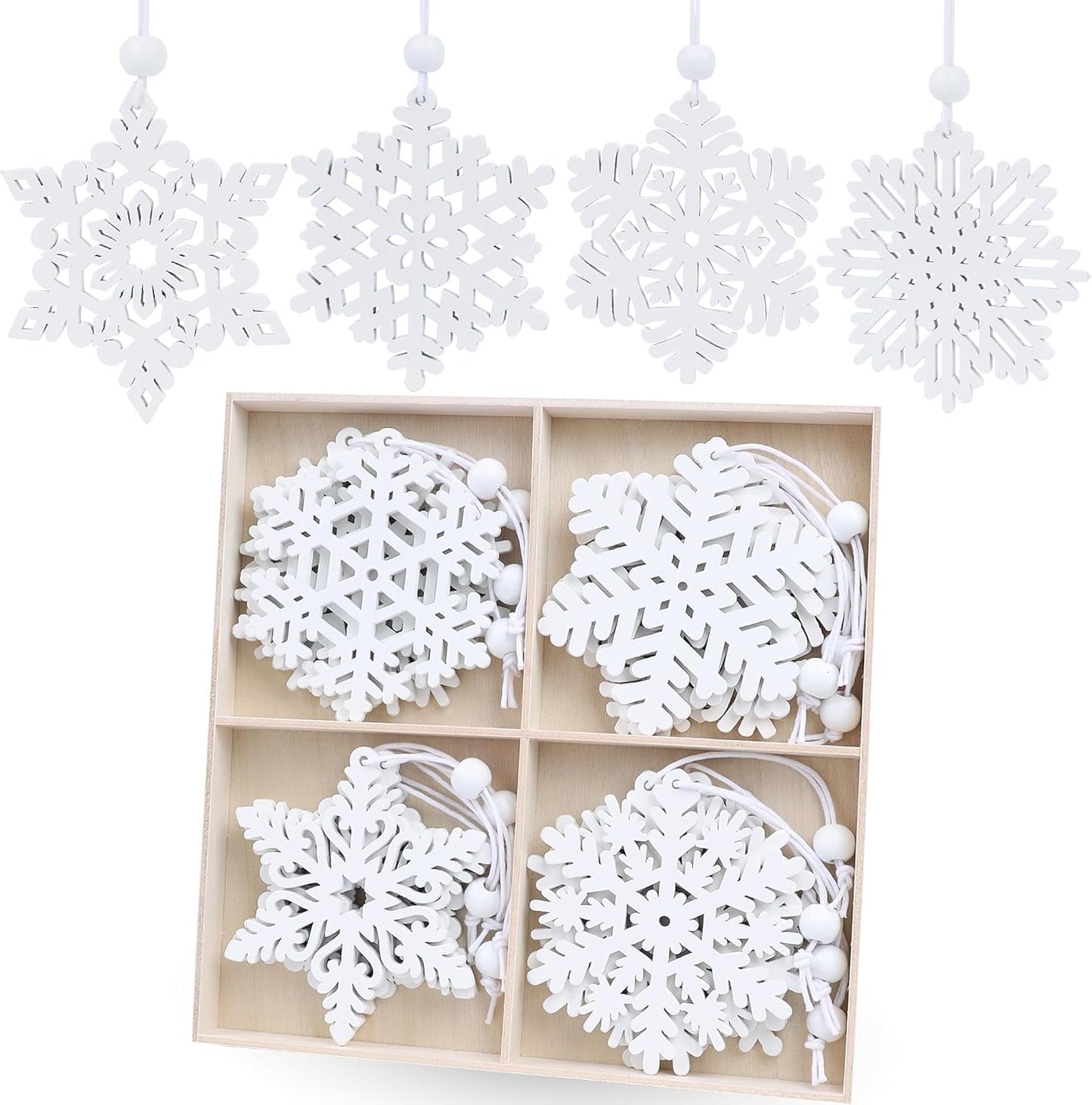 Skiennix 16-Piece White Snowflake Ornaments - 3-Inch Wooden Christmas Decorations for Winter Trees