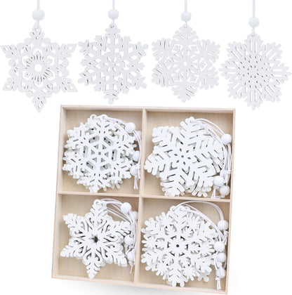 Skiennix 16-Piece White Snowflake Ornaments - 3-Inch Wooden Christmas Decorations for Winter Trees