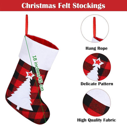 16 Pack Felt Christmas Stockings 18in Red Black Buffalo Plaid with Reindeer Scenes - Holiday Fireplace Decor