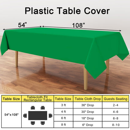 smiry Disposable Table Cloth 6 Pack, 54 x 108 Inch Table Cloths for Parties, Decorative Tablecloths for Rectangle Tables, Waterproof Plastic Table Cover, Leakproof & Sturdy, Green