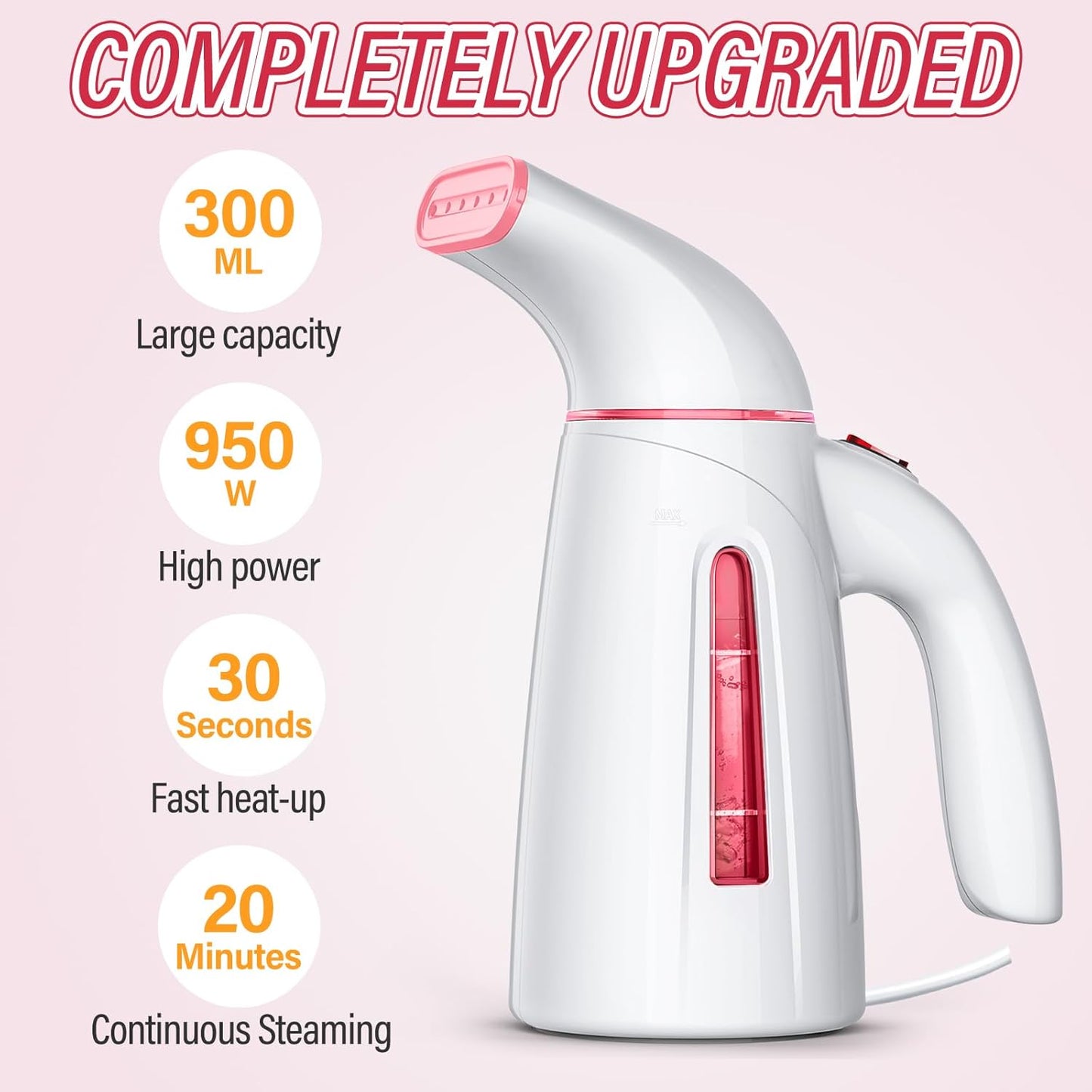 OGHom Portable Handheld Clothes Steamer - 300ml Capacity, 950W Fast Heat Up (Pink)