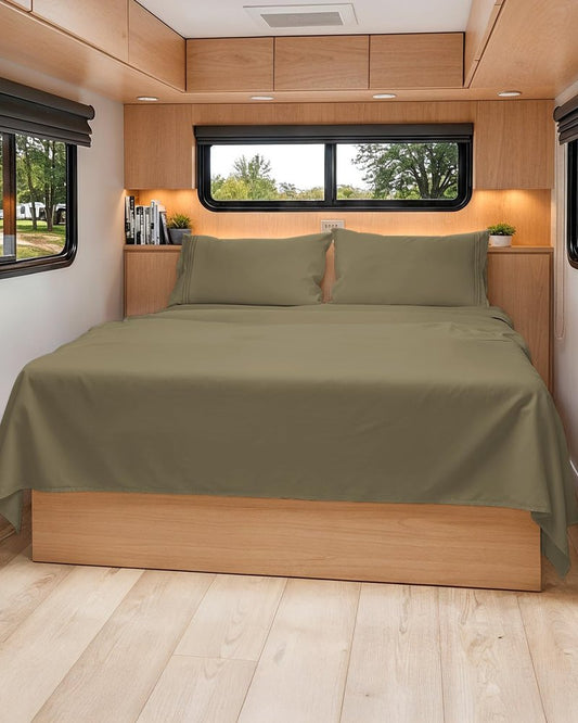 RV Short Queen Sheet Set 60 X 75 - 4 Piece RV Short Queen Bed Sheets - Soft, Breathable & Cooling - Designed for Bunks, Trailers and Campers - Fits 8” to 12" Mattress - Hotel Luxury Bedding - Khaki