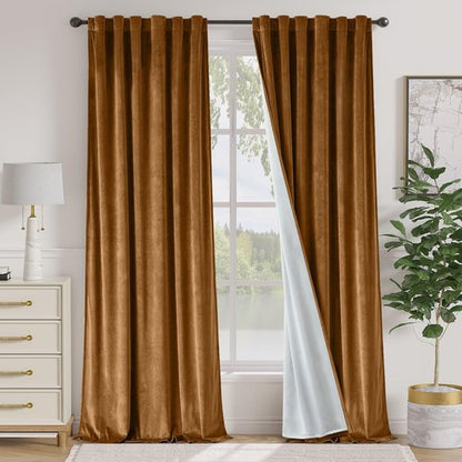 Lazzzy Gold Brown Blackout Velvet Curtains 84 Inch Long Thermal Insulated Room Darkening Curtain Drapes Luxury Back Tab Window Treatments for Bedroom Living Room 2 Panels, 52 x 84 Inch, Golden Brown