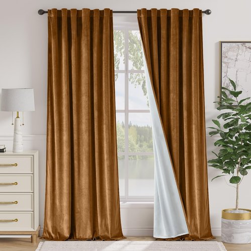 Lazzzy Gold Brown Blackout Velvet Curtains 84 Inch Long Thermal Insulated Room Darkening Curtain Drapes Luxury Back Tab Window Treatments for Bedroom Living Room 2 Panels, 52 x 84 Inch, Golden Brown