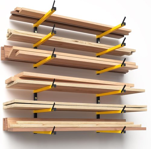 GREENER Lumber Storage Rack - Heavy-Duty Wall-Mounted Wood Organizer | 3-Level Design, Yellow, 4 Pairs