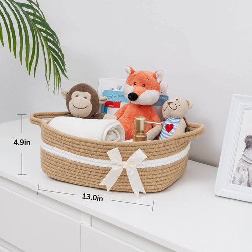 CHICVITA Small Woven Rope Gift Basket, Baby Nursery Storage Baskets for Towels, Snacks, Toys, Diapers, Rectangle Shelf Baskets for Bathroom, Cute Brown Basket, 13 x 9.8 x 5 inches