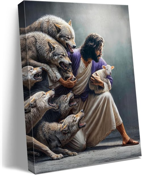 Christian Wall Art - Jesus the Good Shepherd Canvas Print | Guardian Shepherd Protecting Lambs - Ideal for Home Decor & Gifts
