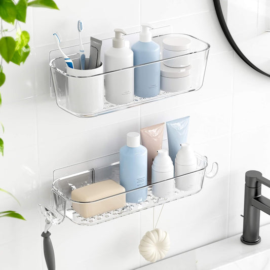 TZAMLI Clear Shower Caddy - Rustproof Wall-Mounted Organizer with Razor Holder & Hook | 2 Pack