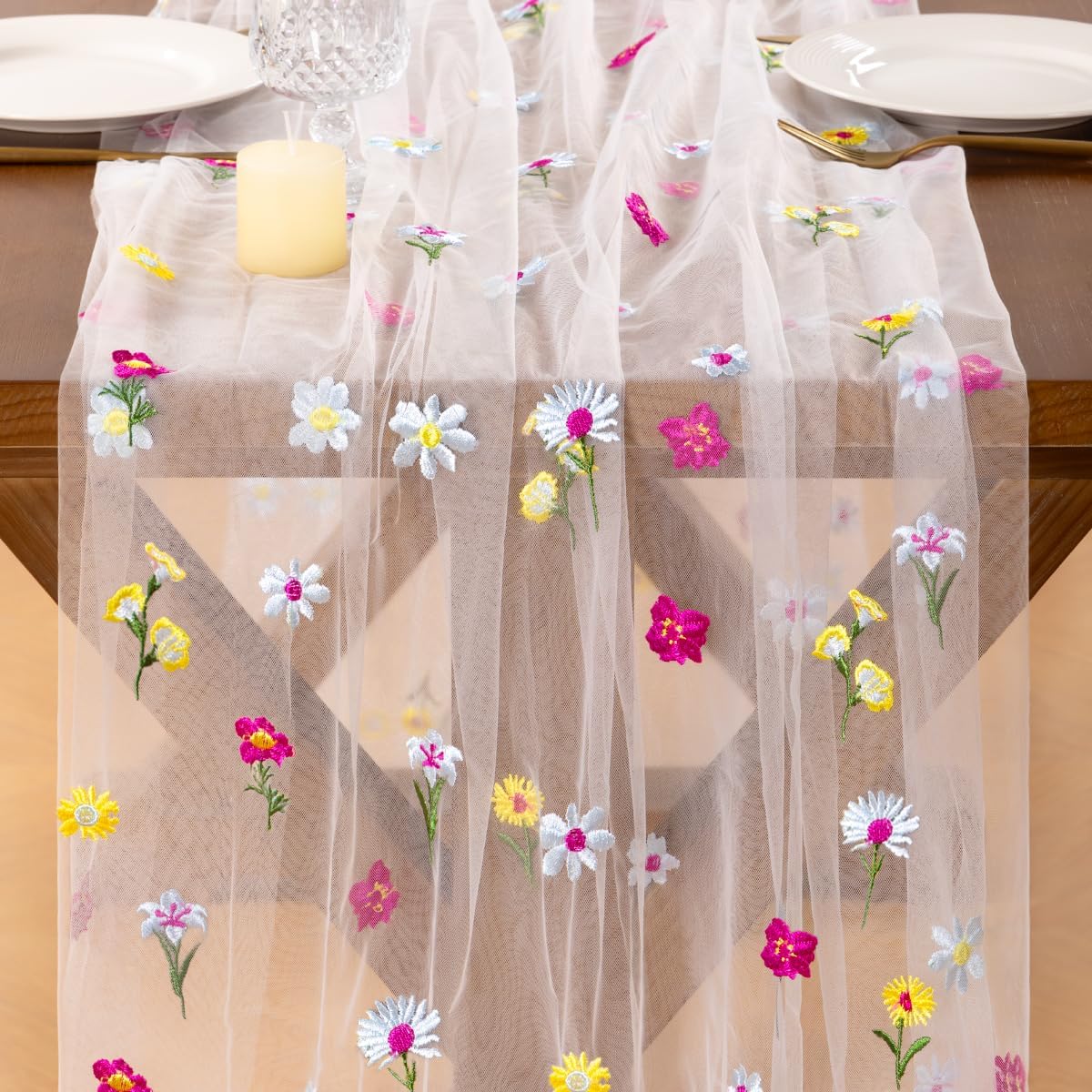 Socomi Floral Table Runner - Summer Wildflower Embroidery | Sheer Tulle for Weddings & Parties