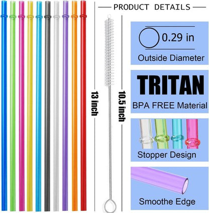 ALINK Reusable Plastic Straws - Extra Long Colorful Tritan Replacement Straws for Stanley Cups | Set of 10 with Brush