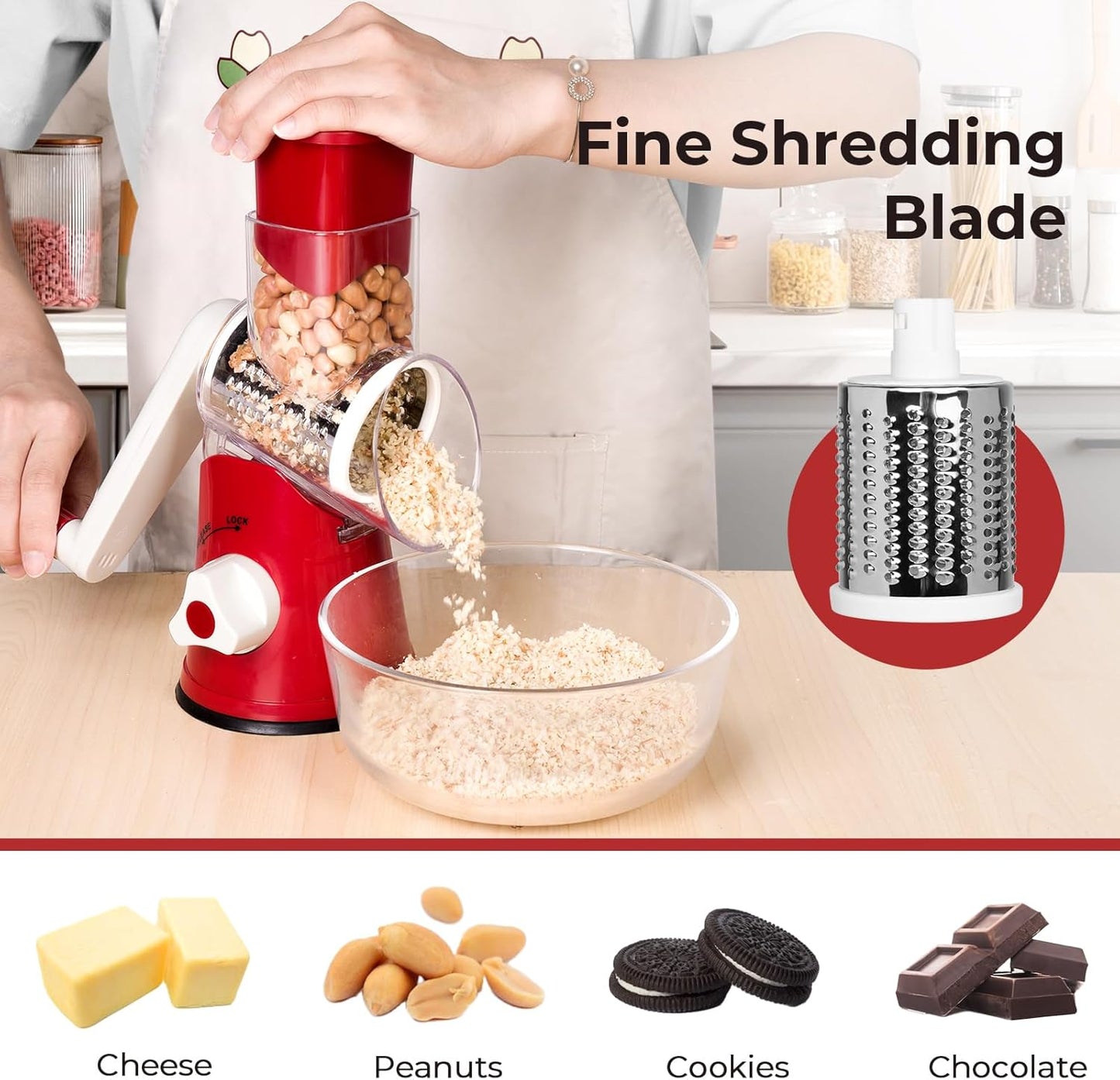 X Home Rotary Cheese Grater - Versatile Kitchen Shredder with 3 Blades & Suction Base | Easy to Clean, Red