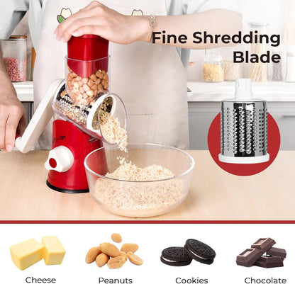 X Home Rotary Cheese Grater - Versatile Kitchen Shredder with 3 Blades & Suction Base | Easy to Clean, Red