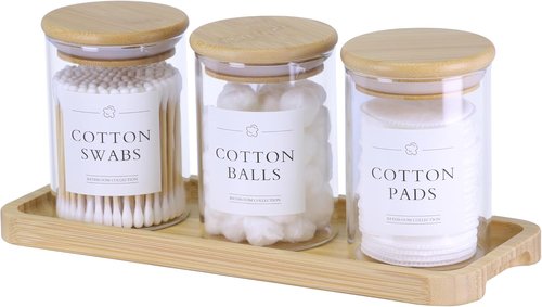 INIUNIK Qtip Holder - 3 Pack Glass Apothecary Jars with Lids | Stylish Bathroom Organizers Set