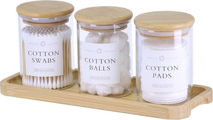 INIUNIK Qtip Holder - 3 Pack Glass Apothecary Jars with Lids | Stylish Bathroom Organizers Set