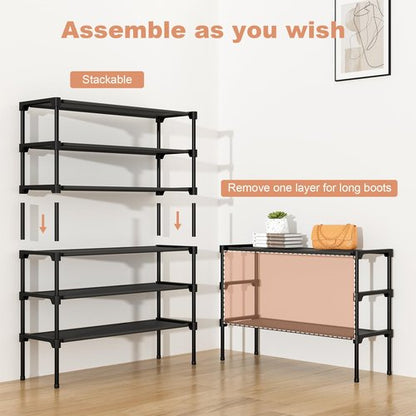 BrFoYu 32.3" Widening Design Shoe Rack for Closet 16 Pairs Small Spaces Non-Woven 3 Tier Shoe Organizer Stackable Metal Shoe Shelf for Entryway, Bedroom