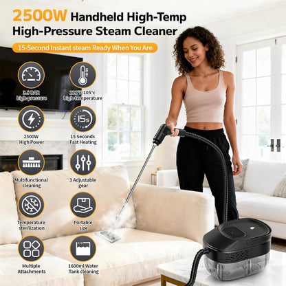 Pressurized Steam Cleaner by [Brand Name] - 54oz Portable Steamer with 15-Piece Kit & 15s Fast Heat-Up | Classic Black
