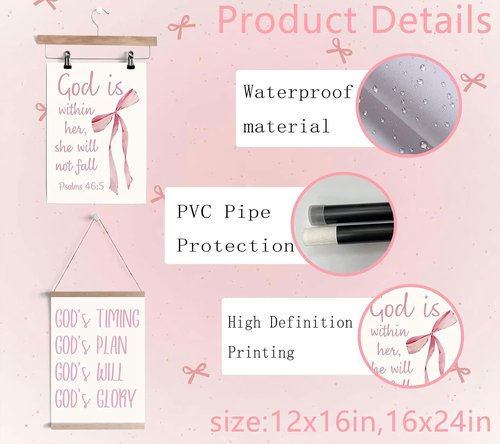 Coquette Pink Bow Canvas Wall Art - Inspirational Christian Bible Verses for Girls' Room | 12"x16" Unframed