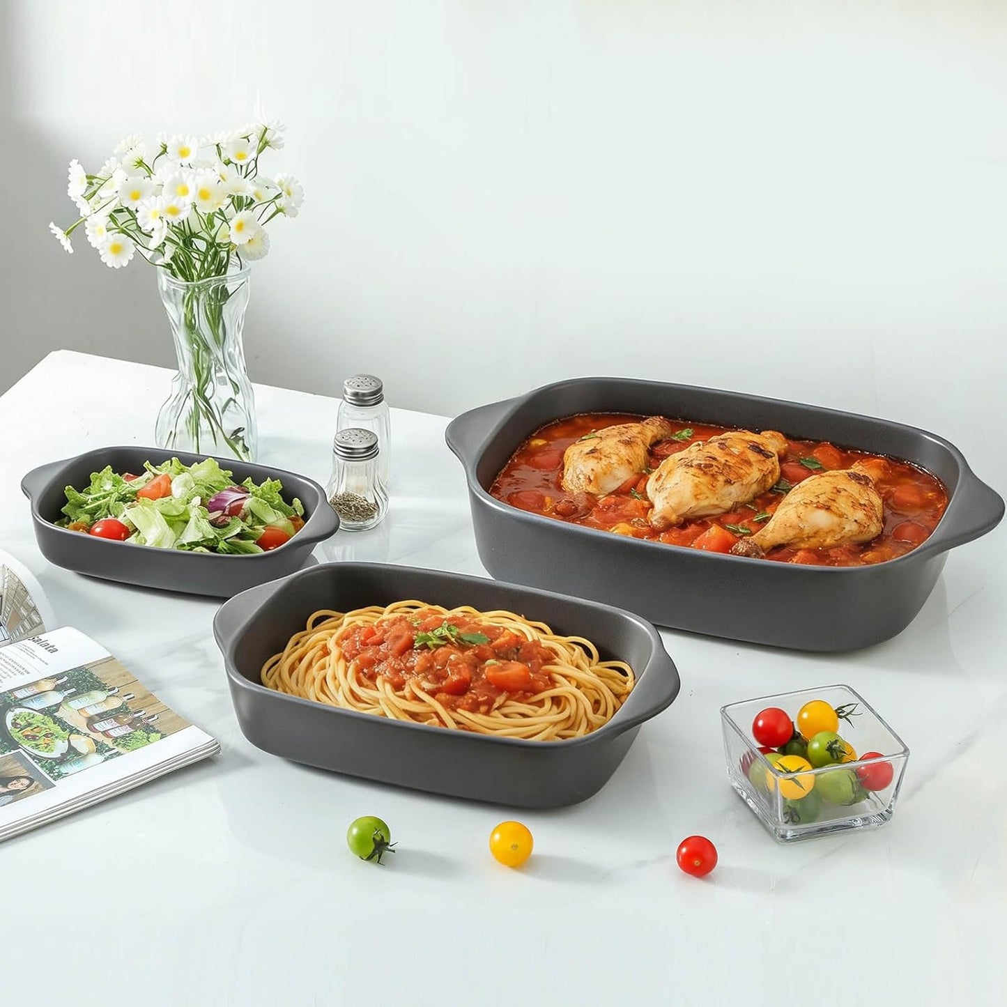Regine Switzerland Casserole Dish Set - Ceramic Bakeware for Oven | 3 Deep Sizes: 0.63/1.8/4 QT - Matte Black