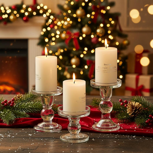 Skiennix Clear Candle Holders - Elegant Glass Pillar Set for Taper Candles | 3 Pieces