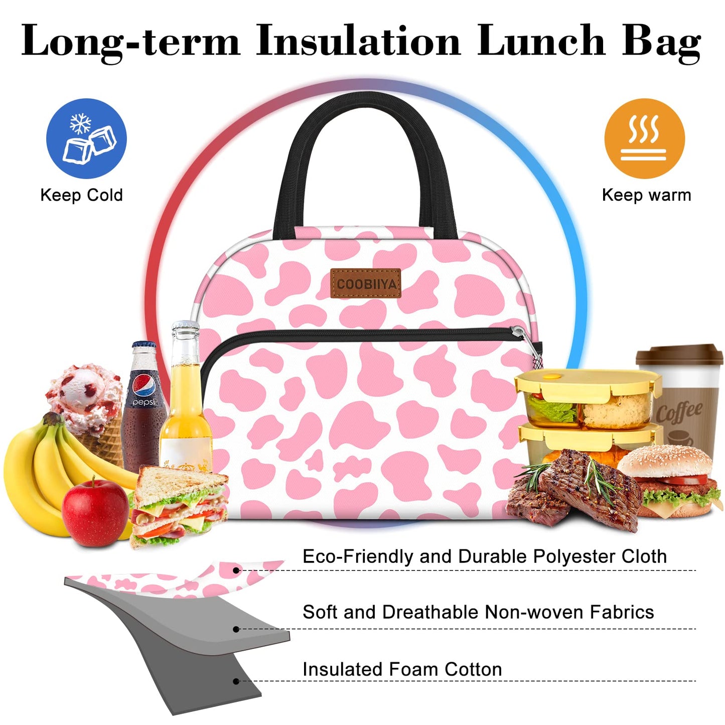 Coobiiya Lunch Bag Women, Lunch Box Lunch Bag for Women Adult Men, Small Leakproof Cute Lunch Tote Large Capacity Reusable Insulated Cooler Lunch Container for Work/Office/Picnic/Travel-Pink Cow