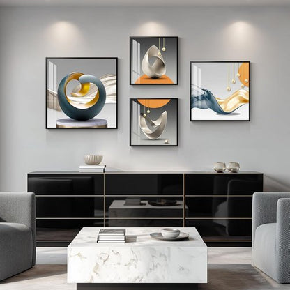 Framed Modern Wall Art Set by [Brand Name] - Abstract Luxury Geometric Prints | Contemporary Orange, Gray & Gold Decor for Living Room, Bedroom & Office