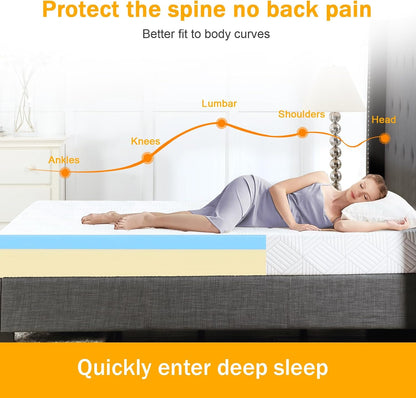 Skiennix Twin Size Gel Memory Foam Mattress - Medium Firm Support | Removable Washable Cover