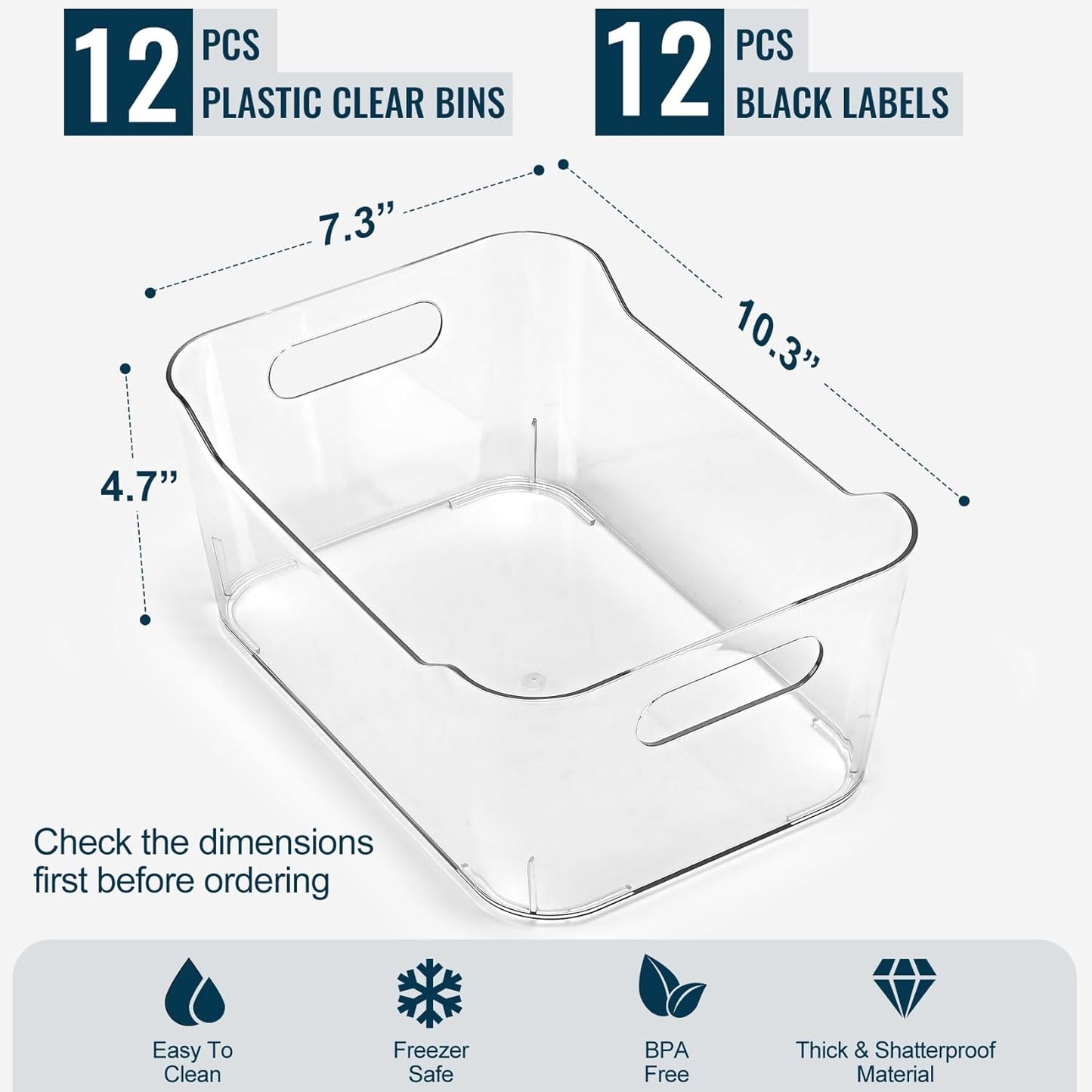 SOHO Collection Clear Plastic Storage Bins - 12 Pack Multi-Use Organizers with Labels for Home & Office - Large Size