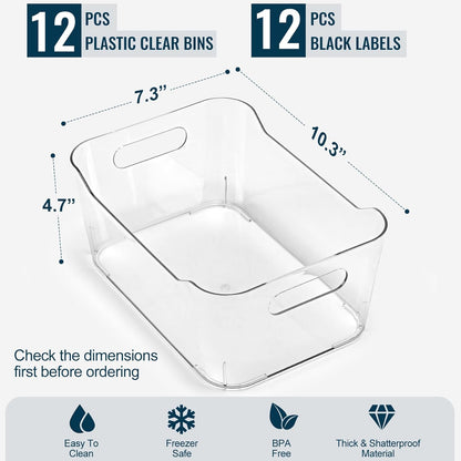 SOHO Collection Clear Plastic Storage Bins - 12 Pack Multi-Use Organizers with Labels for Home & Office - Large Size